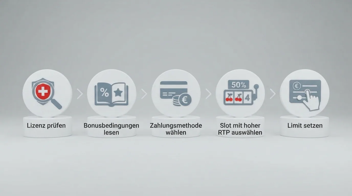 Eine minimalistische Schritt-für-Schritt-Grafik: Lizenz prüfen (1), Bonusbedingungen lesen (2), gebührenfreie Zahlungsmethode wählen (3), Slot mit hoher RTP auswählen (4), Limit setzen (5)