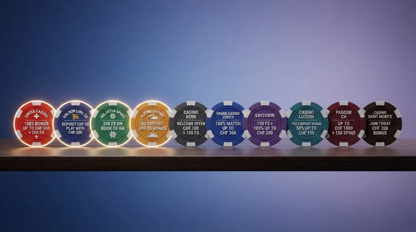 Zehn Casino-Logos nebeneinander aufgereiht, die ersten vier mit einem leuchtenden «Ohne Einzahlung»-Marker, die übrigen mit einem dezenteren «Willkommensbonus»-Hinweis