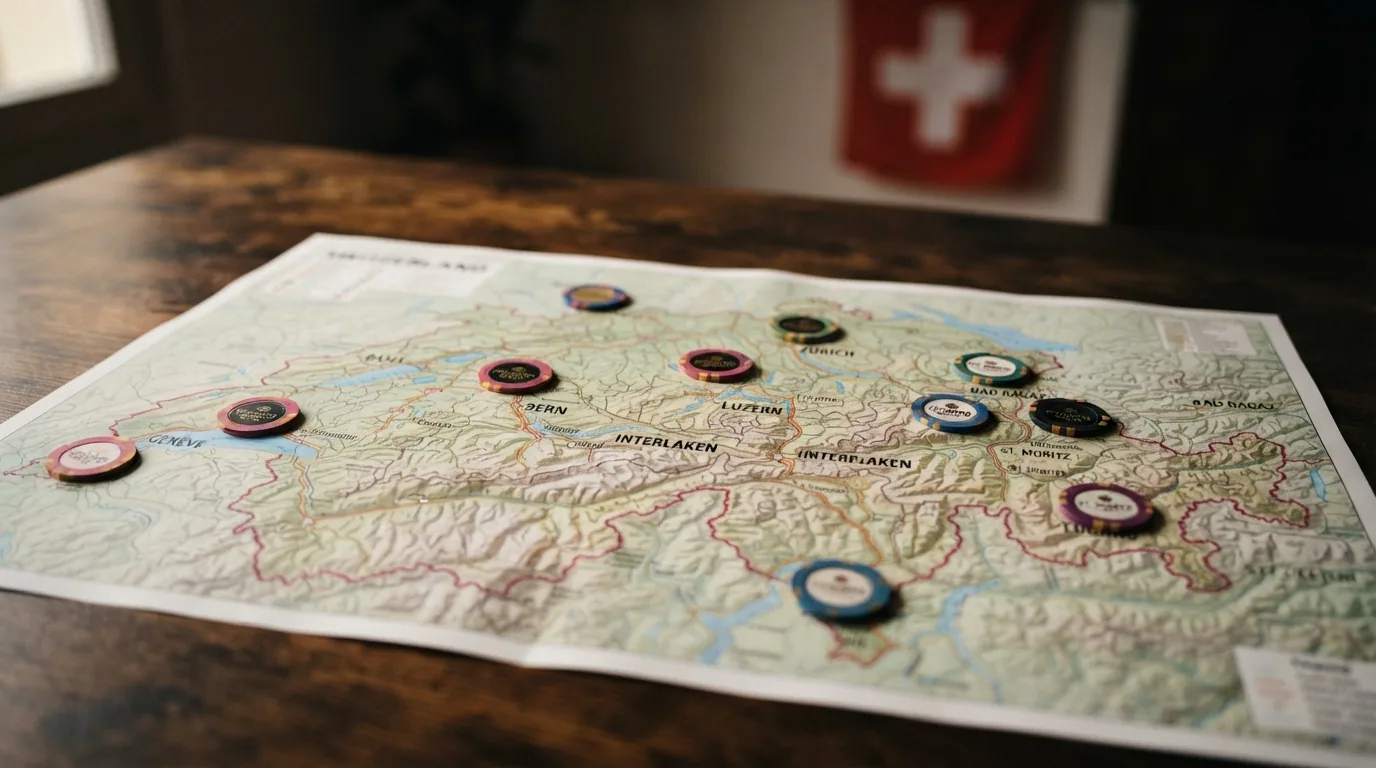 Übersichtskarte der Schweiz mit den Standorten der zehn landbasierten Konzessionäre und ihren Online-Marken als Label