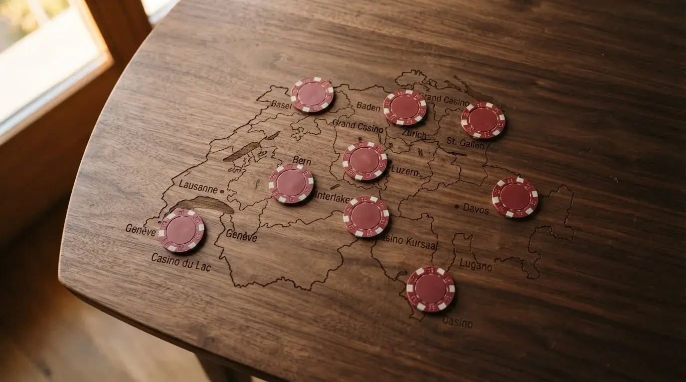 Eine Übersichtskarte der Schweiz mit den Standorten der zehn Konzessionäre, darunter die Casino-Logos