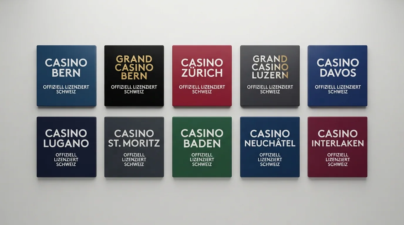 Raster mit den zehn Logo-Kacheln der ESBK-lizenzierten Schweizer Online-Casinos, angeordnet in zwei Reihen zu je fünf