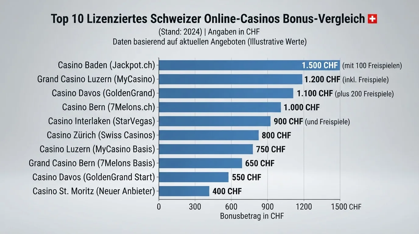 Vergleichstabelle mit Logos der zehn lizenzierten Schweizer Online-Casinos