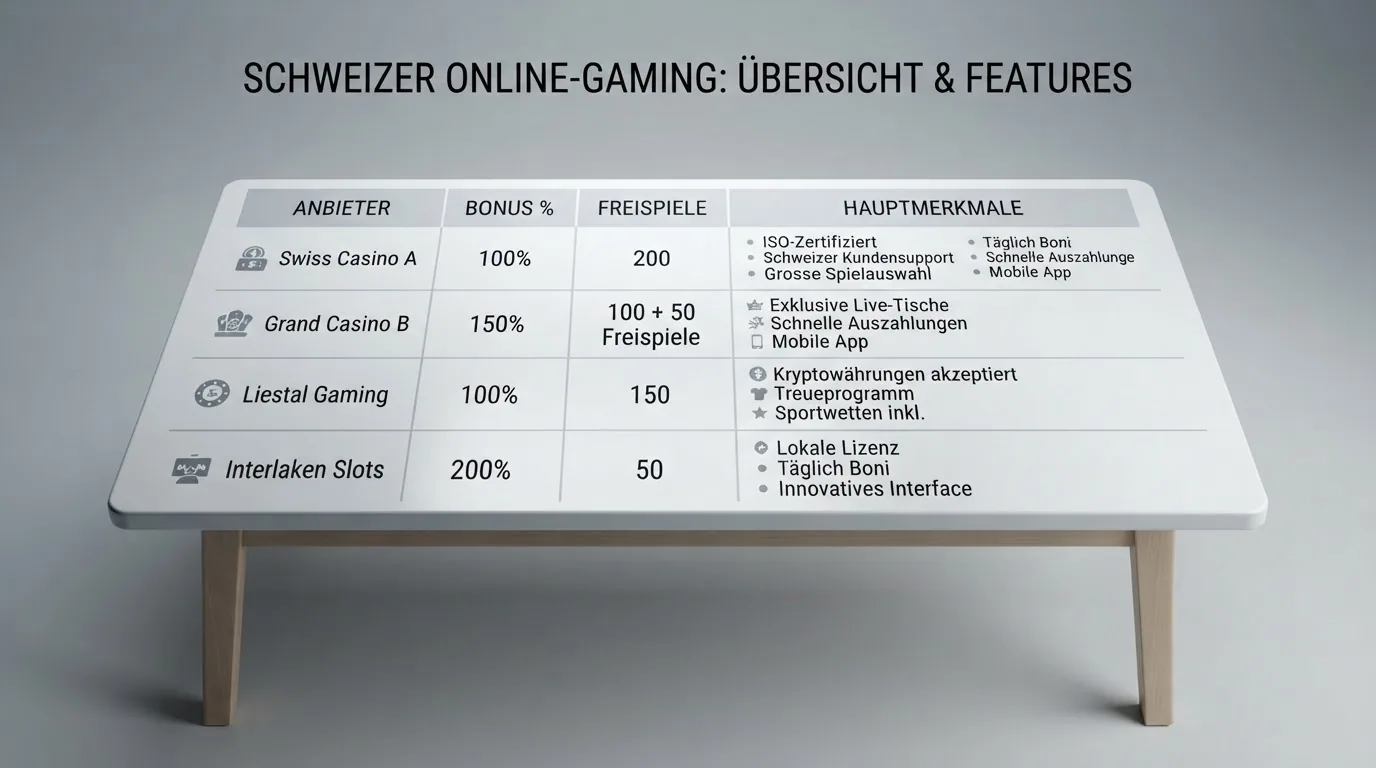 Eine Übersichtstabelle mit Casino-Logos und Vergleichskriterien auf einem Bildschirm