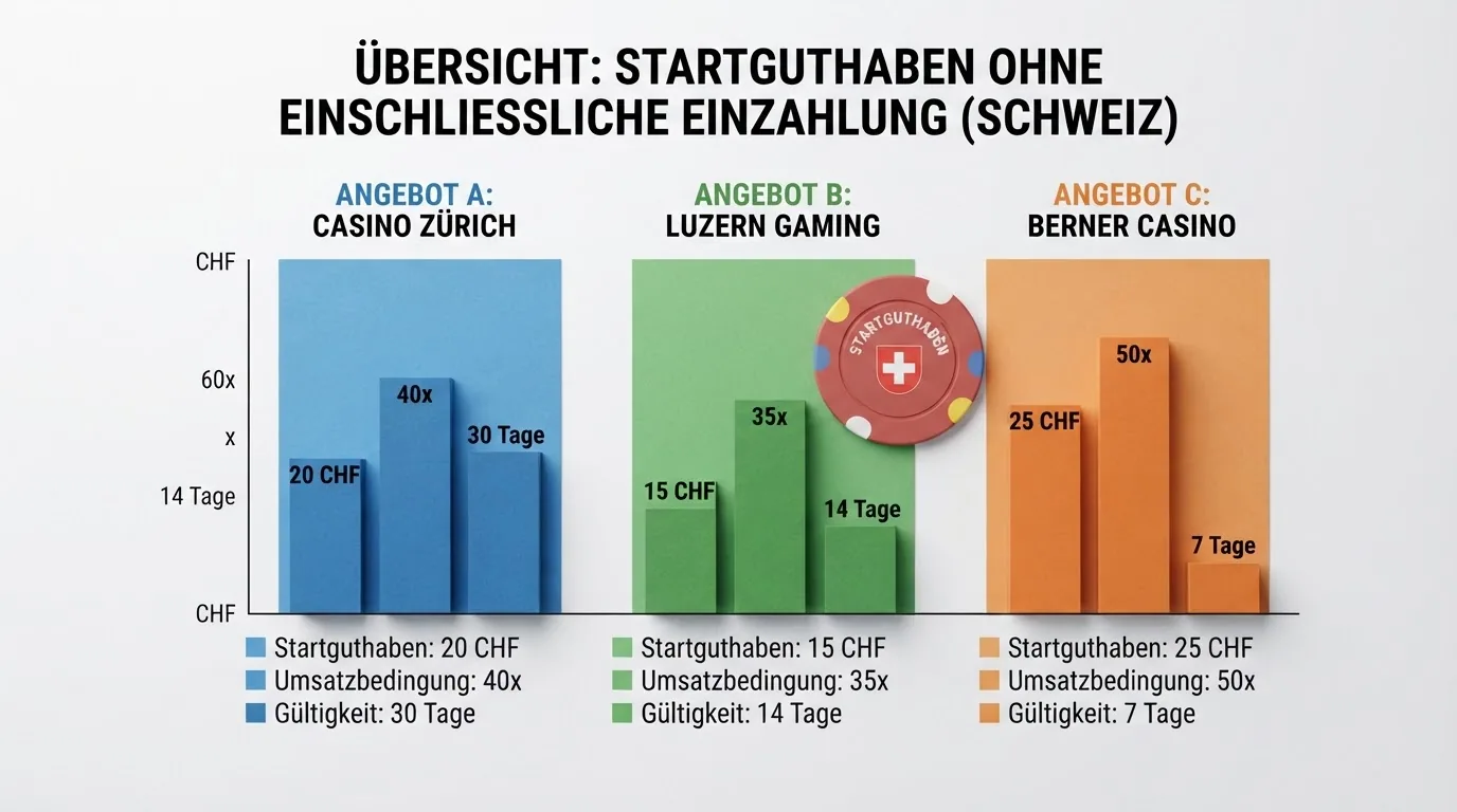 Eine vergleichende Übersicht mit Casino-Logos, CHF-Beträgen und farblich abgesetzten Lizenzsymbolen