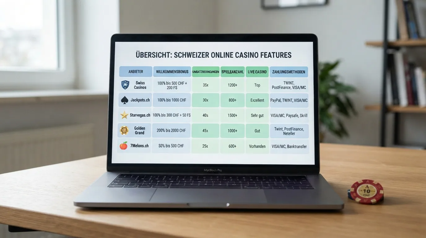 Eine übersichtliche Vergleichstabelle mit Casino-Logos in der linken Spalte und farblich abgesetzten Datenfeldern