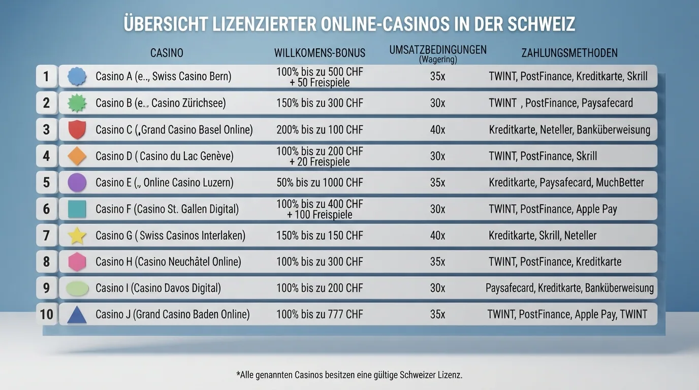 Eine Übersichtstabelle mit den Logos der zehn ESBK-lizenzierten Schweizer Online-Casinos, gruppiert nach «mit No-Deposit» und «ohne No-Deposit»