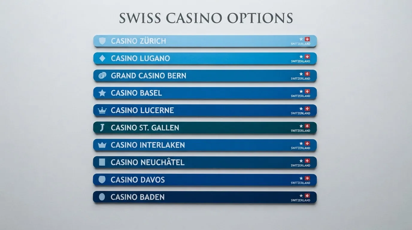 Zehn schmale horizontale Balken in verschiedenen Blautönen, jeder mit einem Casino-Logo am linken Rand und einem kleinen Schweizerkreuz rechts, geordnet von oben nach unten