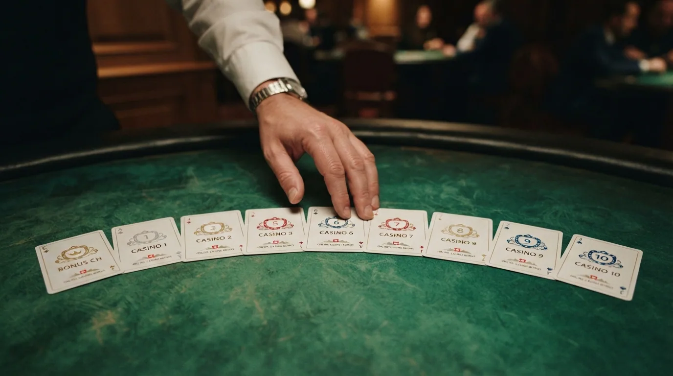 Zehn Spielkarten in einer aufgefächerten Reihe, jede mit unterschiedlichem Casino-Logo, auf einem grünen Filztisch