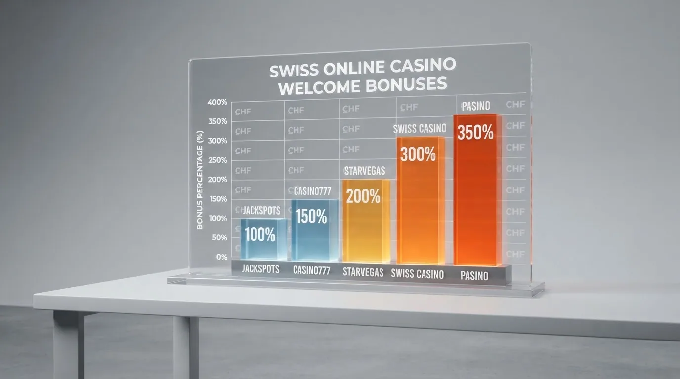 Eine vergleichende Übersicht mit Casino-Logos, Bonus-Prozentangaben und Schweizer Franken-Noten