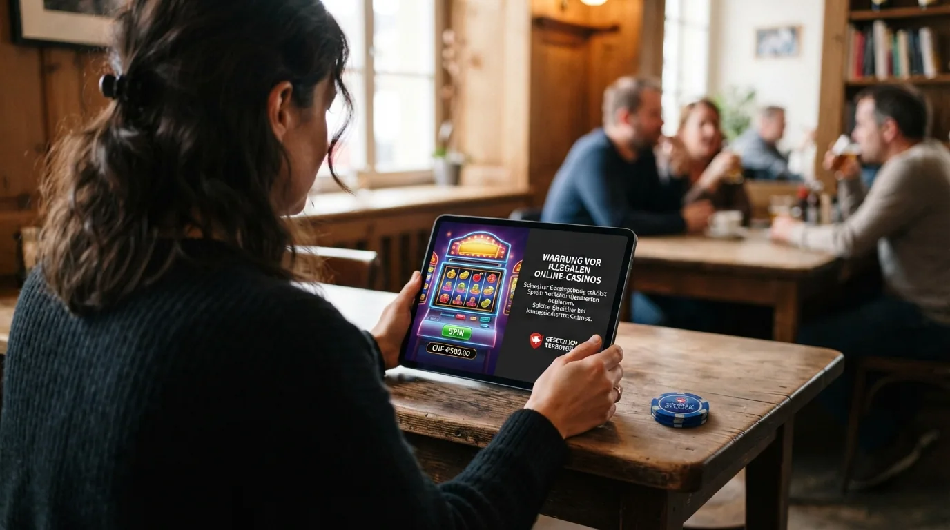 Eine Person wägt auf einem Tablet die Vor- und Nachteile von lizenzierten und nicht-lizenzierten Casino-Angeboten ab