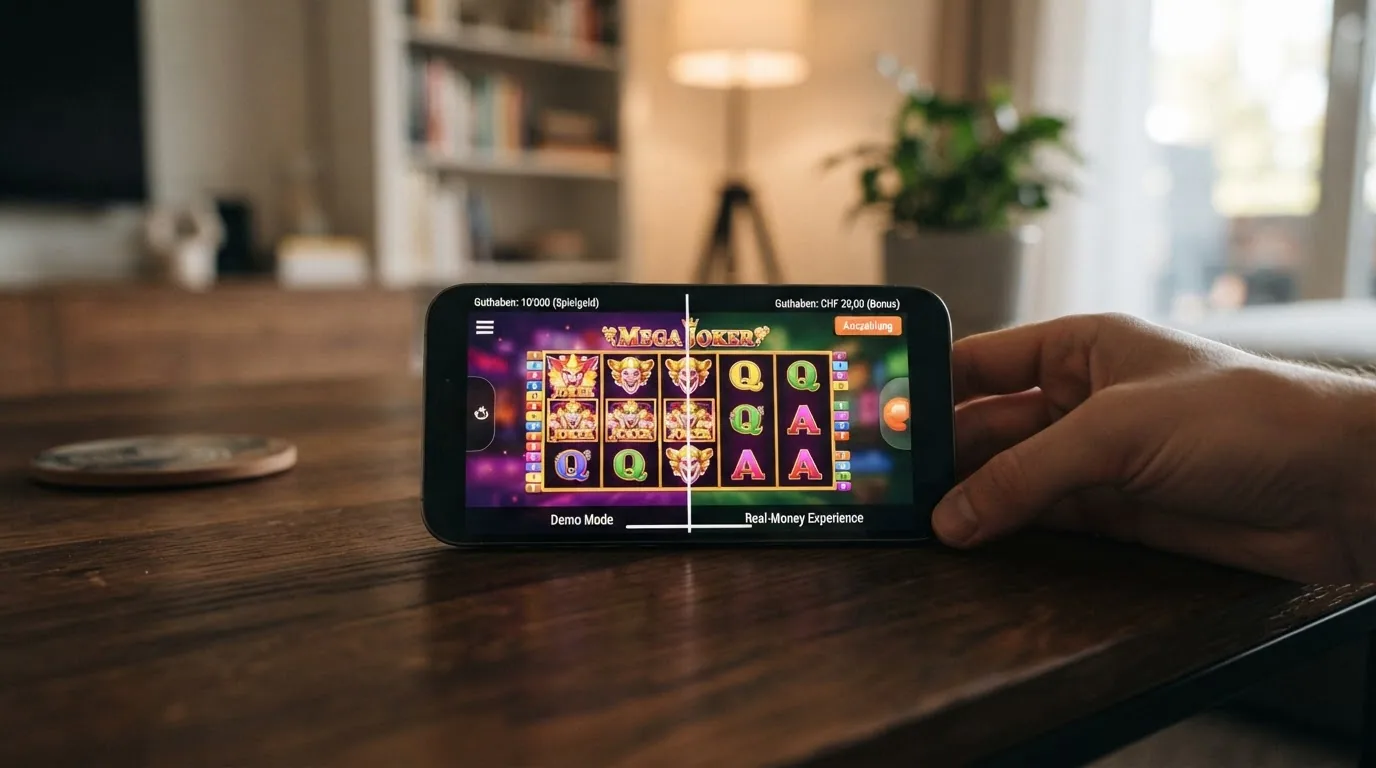 Geteilter Bildschirm: links ein Slot mit «Guthaben: 10'000 (Spielgeld)», rechts derselbe Slot mit «Guthaben: CHF 20,00 (Bonus)» und einem Auszahlungs-Button