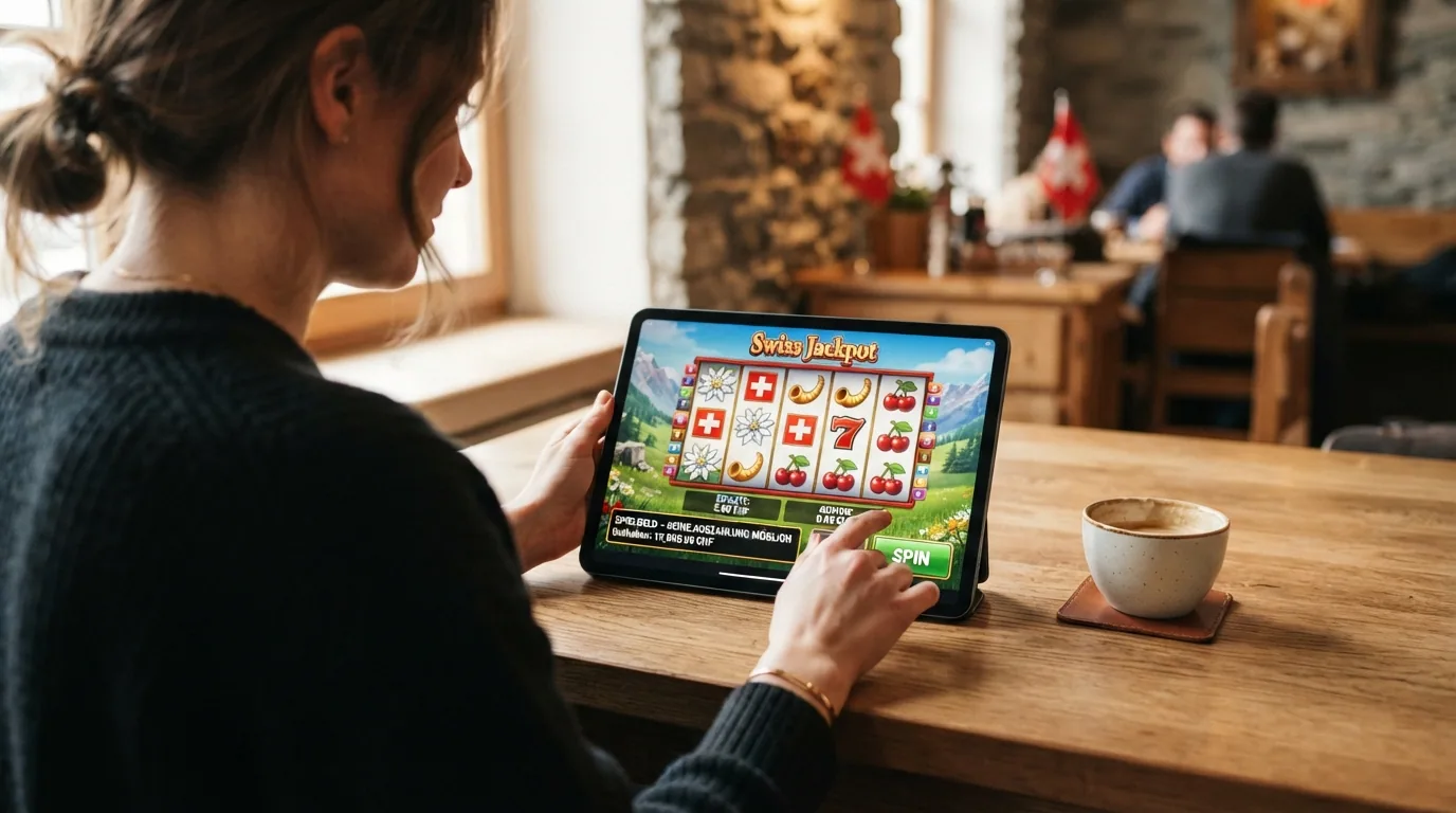 Ein Browser-Fenster mit einem laufenden Slot-Spiel, in der Ecke ein Stapel virtueller Credits mit der Beschriftung «Spielgeld – keine Auszahlung möglich»