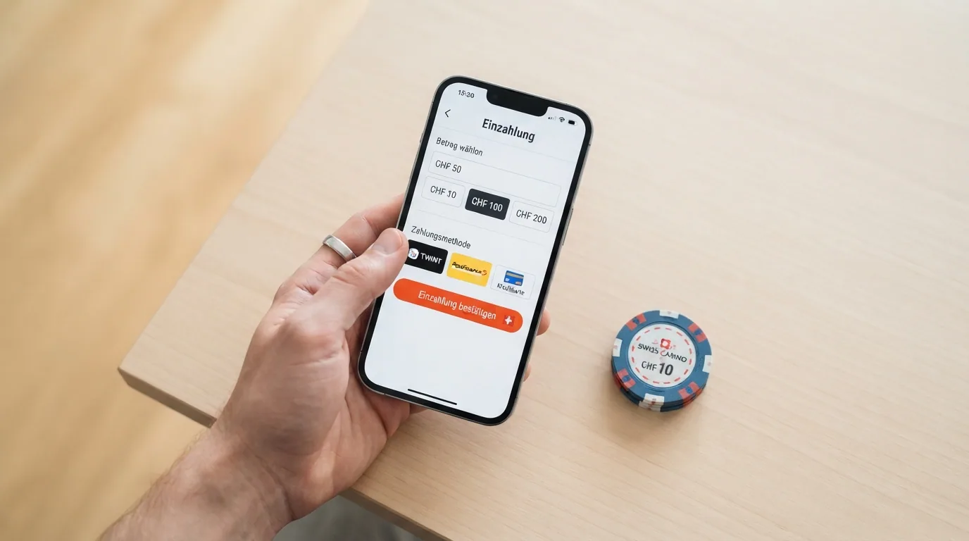 TWINT- und PostFinance-Logos neben Smartphone mit Casino-Einzahlungsbildschirm