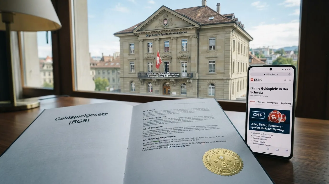 Das ESBK-Gebäude in Bern mit einem aufgeschlagenen Dokument des Geldspielgesetzes