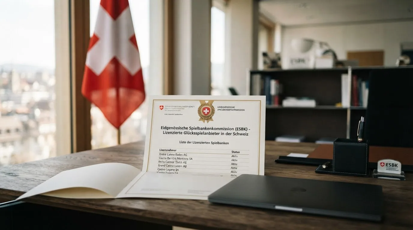 Offizielles Gebäude oder Logo der ESBK mit Schweizer Flagge und Gesetzestext-Symbol, seriöse Darstellung