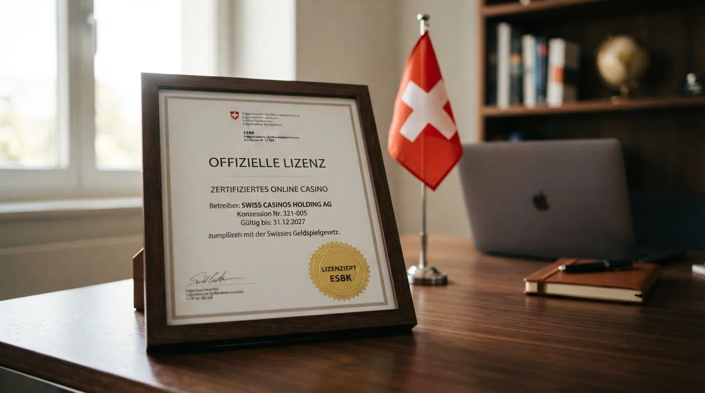 Offizielles Gebäude mit Schweizer Flagge, daneben ein Zertifikat oder eine Konzessionsurkunde mit dem ESBK-Logo