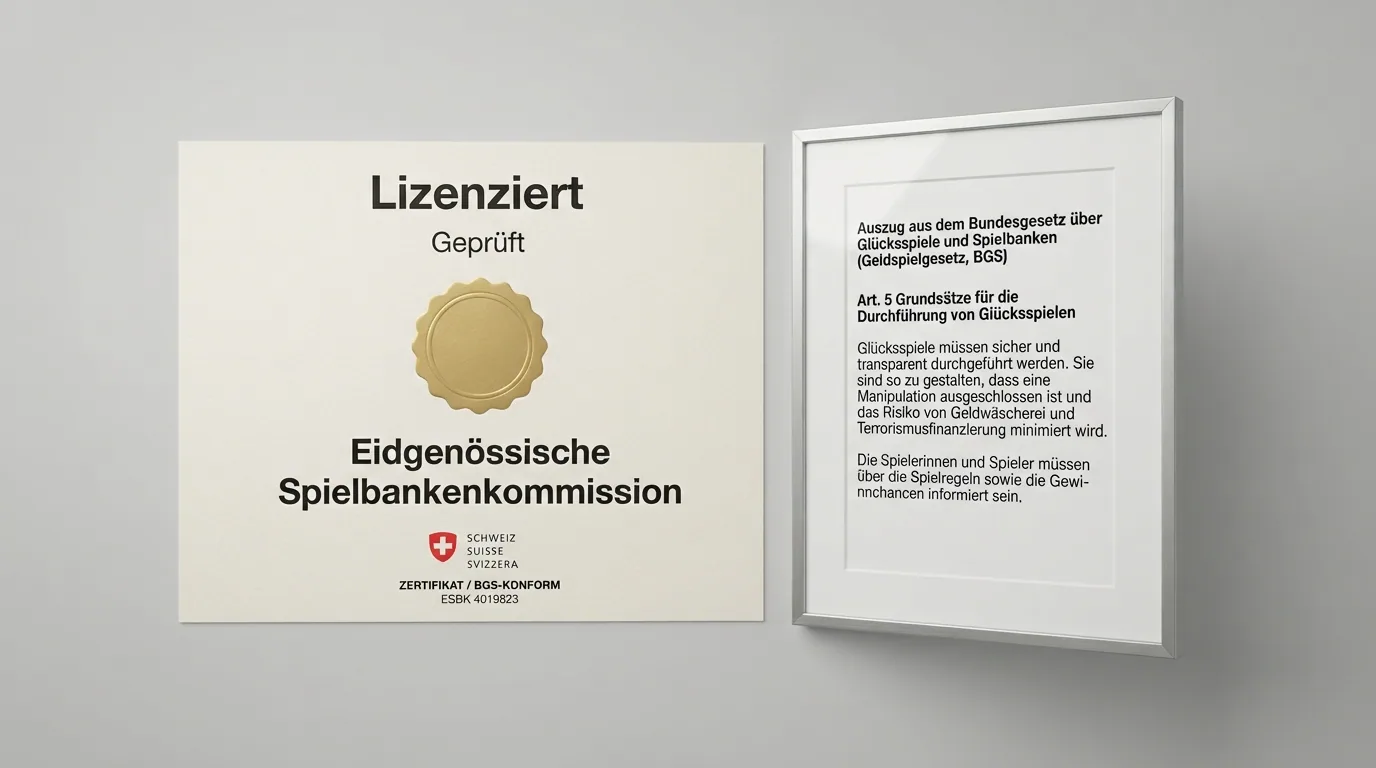 Offizielles ESBK-Dokument mit Konzessionssiegel neben einem gerahmten Auszug aus dem Geldspielgesetz (BGS)