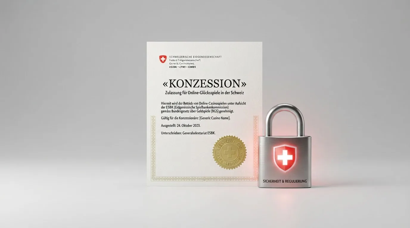 Offiziell wirkendes Dokument mit «Konzession»-Überschrift und ESBK-Siegel, daneben ein Vorhängeschloss-Symbol mit Schweizer Kreuz