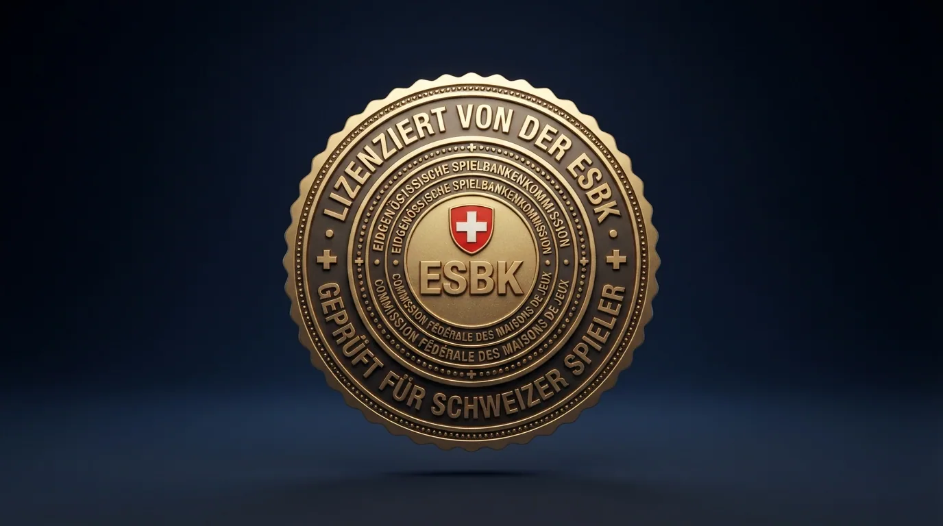 Das offizielle ESBK-Logo oder eine stilisierte Darstellung des eidgenössischen Konzessionssiegels neben einem «Geprüft»-Stempel auf einem Casino-Gutschein