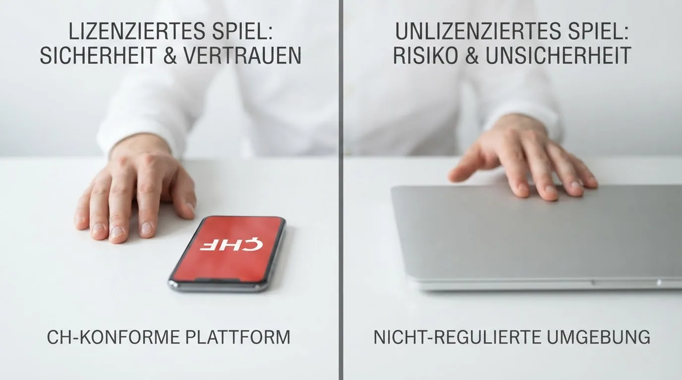 Grafische Gegenüberstellung: linke Hälfte «Mit ESBK-Lizenz» (Spielsperre, Ombudsstelle, Steuerfreibetrag, KYC), rechte Hälfte «Ohne Lizenz» (durchgestrichene Schutzsymbole, Warnhinweis DNS-Sperre)