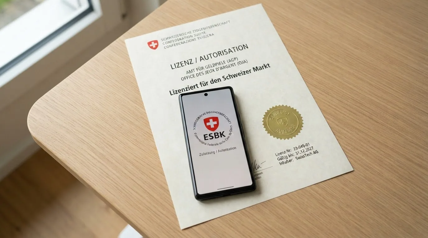 Das offizielle ESBK-Logo auf einem Smartphone-Bildschirm, daneben das Schweizer Wappen auf einem Dokument
