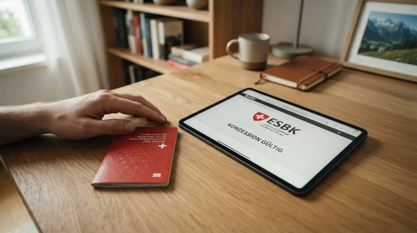 Ein stilisierter Schweizer Pass liegt neben einem Tablet, auf dessen Bildschirm das ESBK-Logo und der Text «Konzession gültig» zu sehen sind