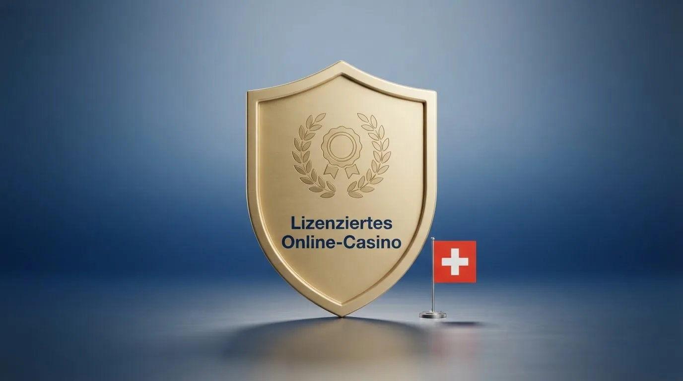 Offizielles ESBK-Logo oder das rote Schweizer Kreuz auf weissem Grund neben einem Schild «Lizenziertes Online-Casino»