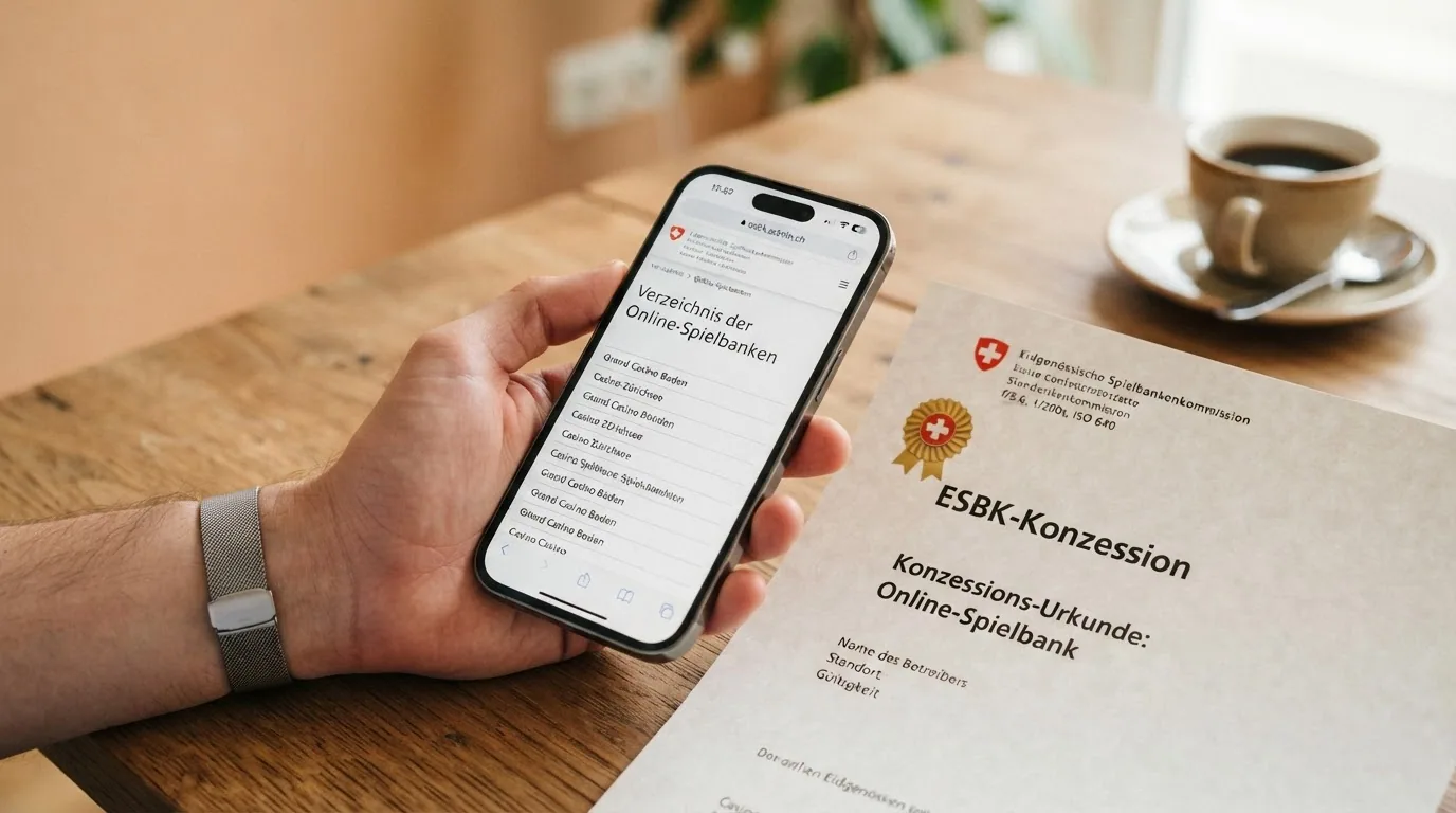 Ein offiziell anmutendes Dokument mit ESBK-Logo und dem Titel «Verzeichnis der Online-Spielbanken», darunter zehn Einträge mit lesbaren Casino-Namen und Konzessionsnummern