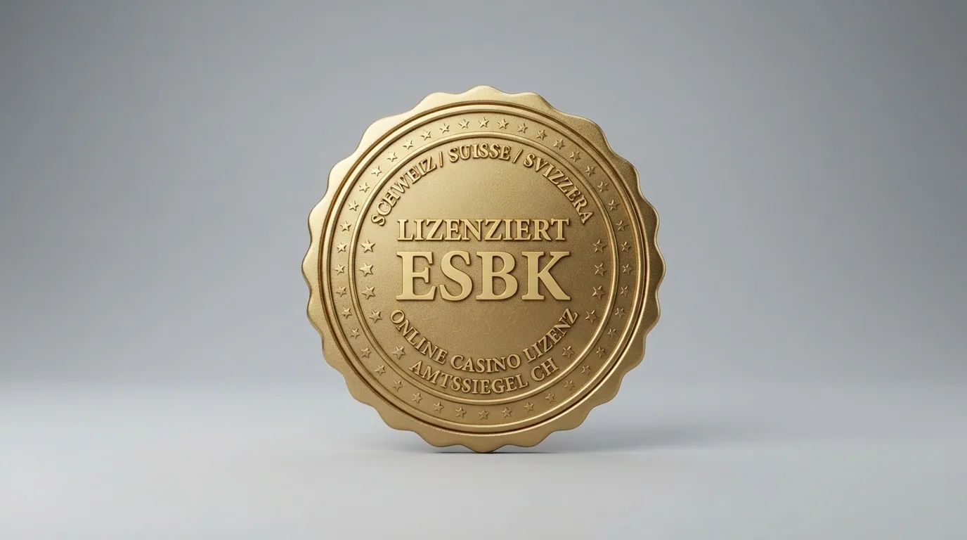 Ein offiziell wirkendes Siegel mit dem Schriftzug «ESBK — Eidgenössische Spielbankenkommission» und Schweizerkreuz im Hintergrund