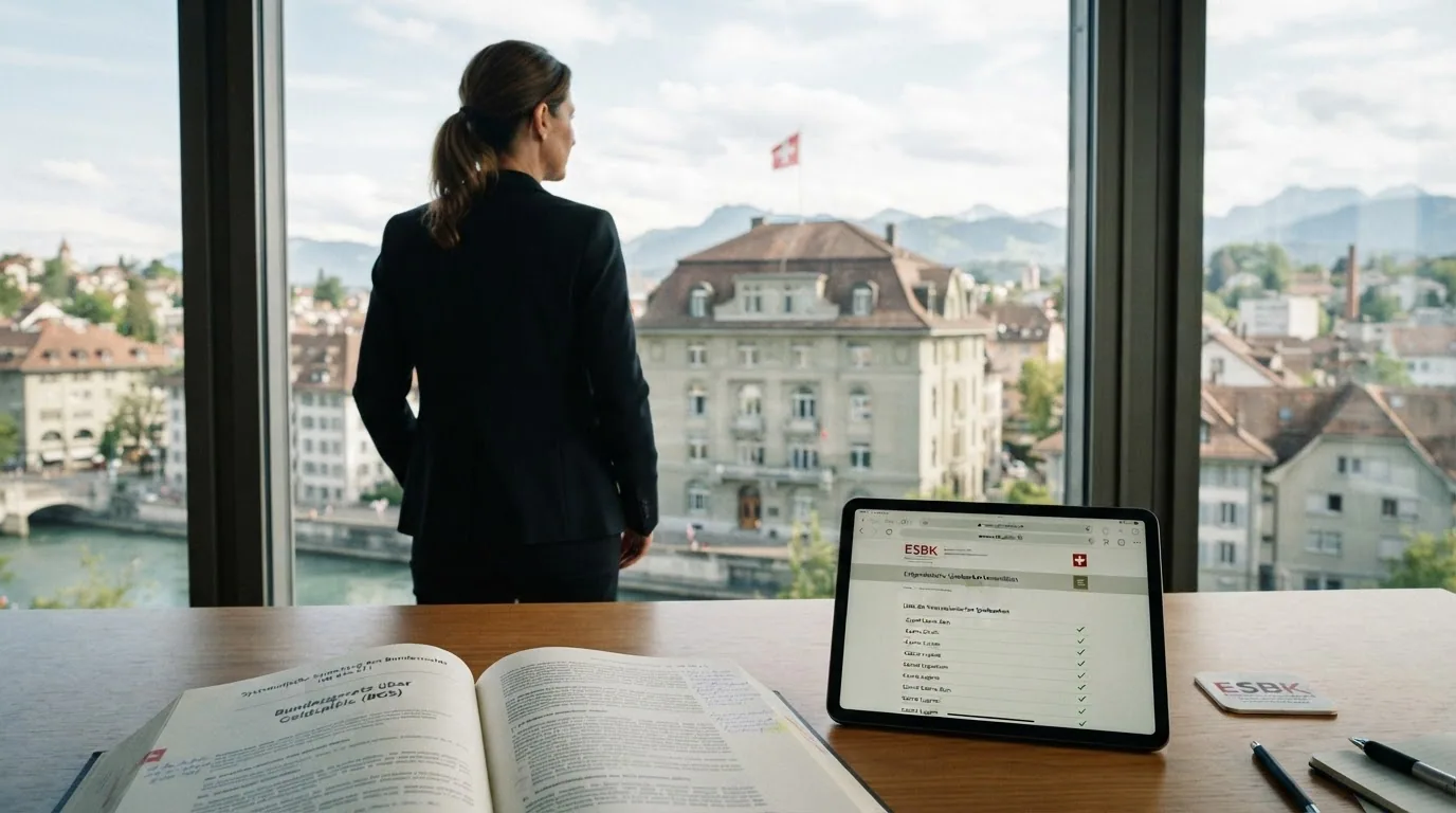 Das Gebäude der ESBK in Bern mit dem Bundesgesetz über Geldspiele im Vordergrund, daneben das Schweizer Wappen