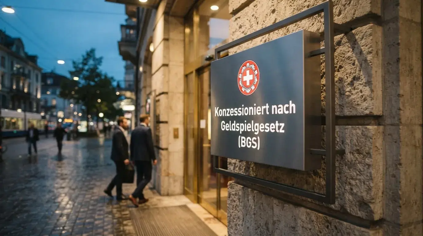 Das ESBK-Logo neben dem Eingang eines Schweizer Casinos, darunter der Hinweis «Konzessioniert nach Geldspielgesetz (BGS)»