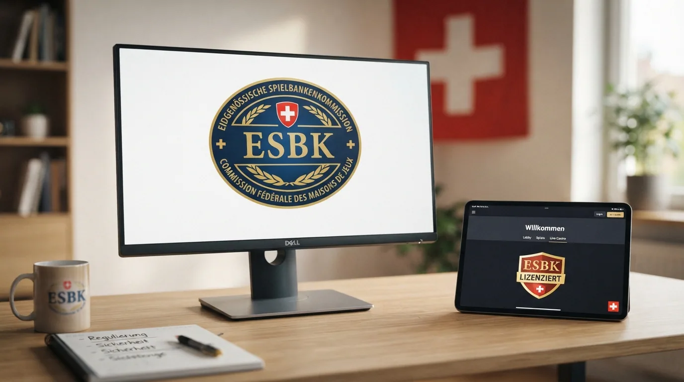 Das offizielle Logo der Eidgenössischen Spielbankenkommission (ESBK) auf einem Bildschirm neben einer geöffneten Schweizer Casino-Website