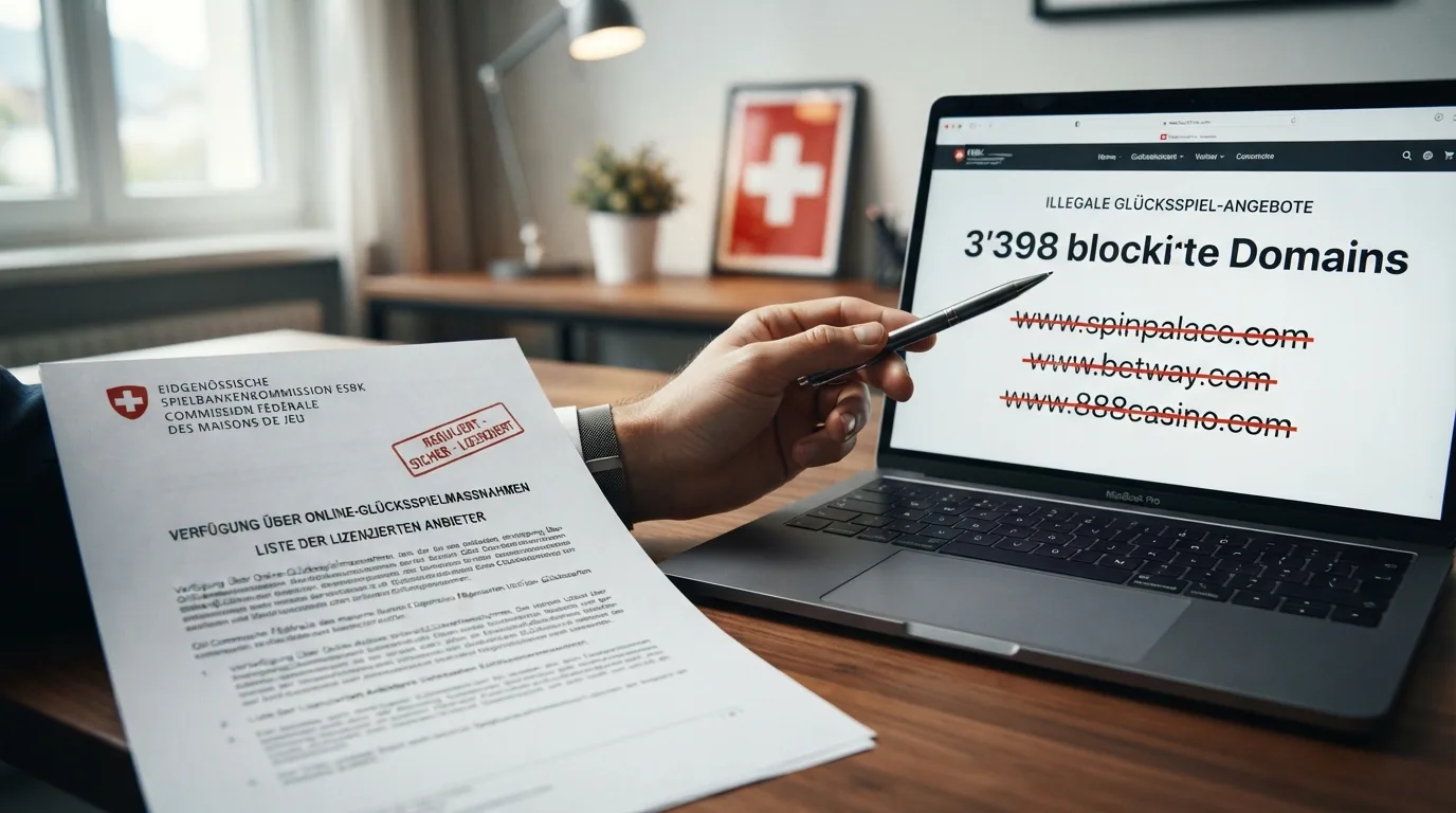 Ein offiziell wirkendes Dokument mit dem ESBK-Schriftzug und Stempel, daneben ein Bildschirm mit einer durchgestrichenen «.com»-Domain und dem Text «3’398 blockierte Domains»