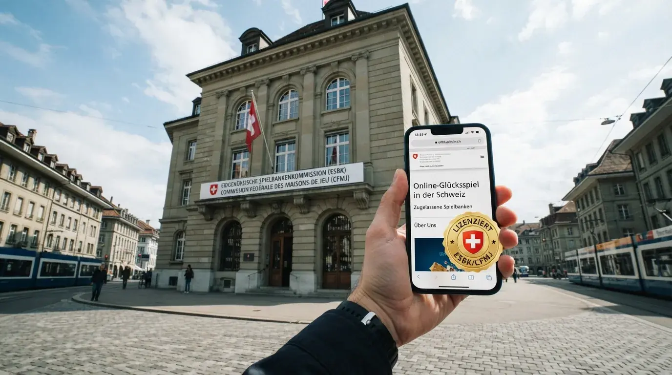 Gebäude der Eidgenössischen Spielbankenkommission in Bern mit dem offiziellen ESBK-Schriftzug