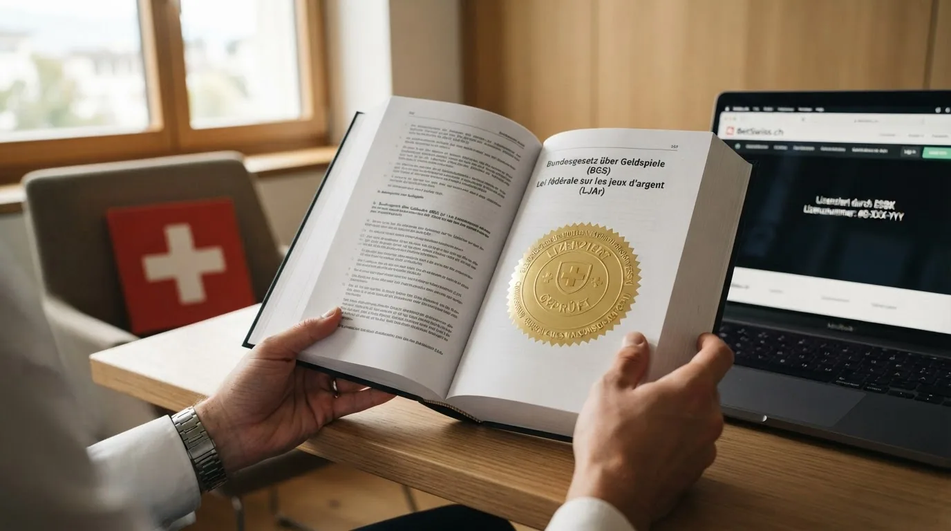 Offizielles ESBK-Logo neben dem Bundesgesetz über Geldspiele (BGS) in einem Gesetzbuch