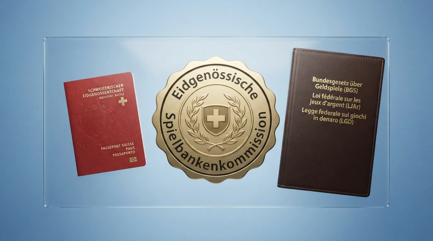 Das offizielle ESBK-Logo neben einem stilisierten Schweizer Pass und dem BGS-Gesetzestext in einem Aktenordner
