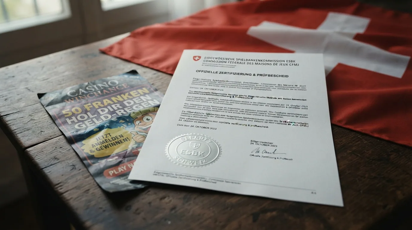 Offizielles ESBK-Dokument mit Stempel und dem Geldspielgesetz-Titel neben einer durchgestrichenen Offshore-Casino-Werbung