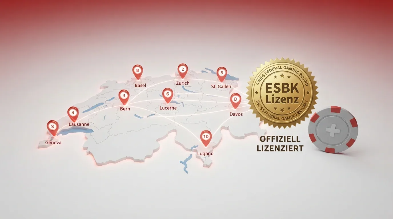 Das offizielle ESBK-Logo neben einer stilisierten Schweizer Karte mit den zehn Konzessionsstandorten