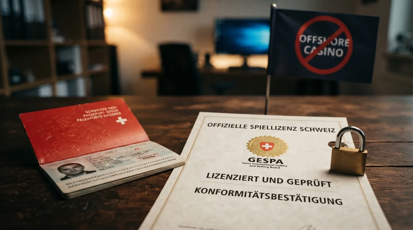 Ein Schweizer Pass neben einem ESBK-Zertifikat-Symbol mit Schloss — im Hintergrund eine rot durchgestrichene Offshore-Flagge