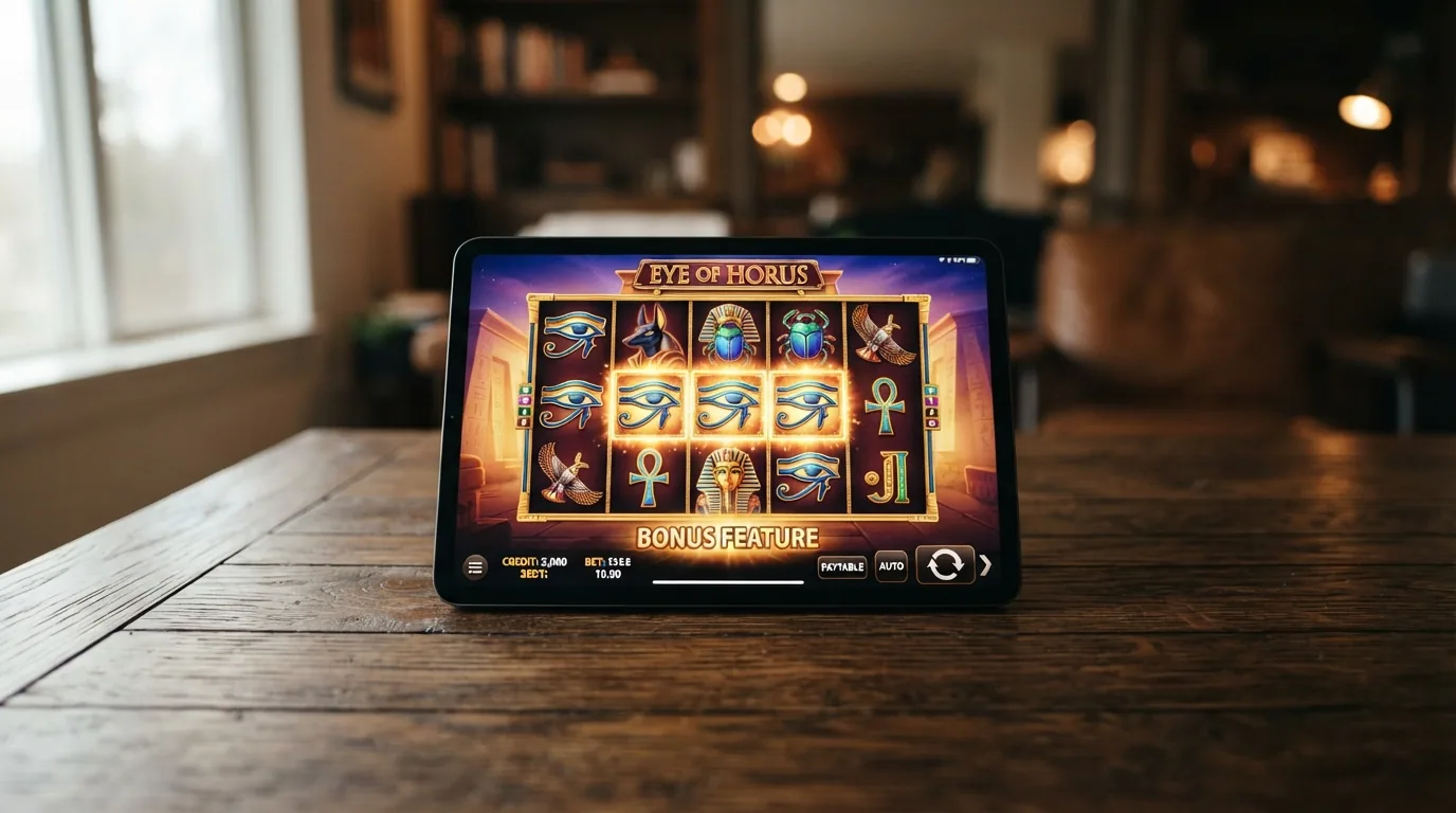Spielbildschirm von Eye of Horus mit ägyptischen Symbolen, Freispiele-Feature aktiv, Gewinnlinien eingeblendet