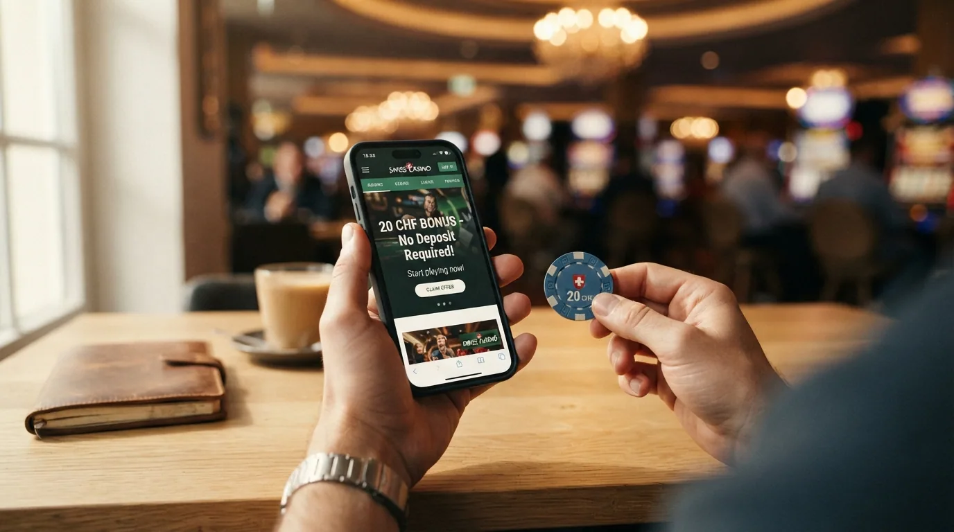 Symbolbild: Eine Hand hält eine CHF-20-Note neben ein Smartphone mit Casino-Oberfläche