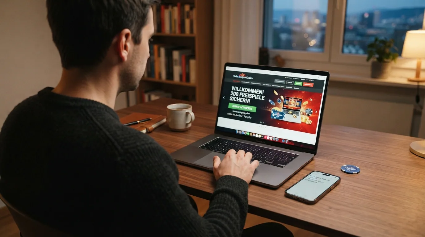 Eine Person sitzt nachdenklich vor einem Laptop, auf dem eine Casino-Startseite und daneben eine geöffnete Notiz-App mit «Umsatzbedingung prüfen» zu sehen ist