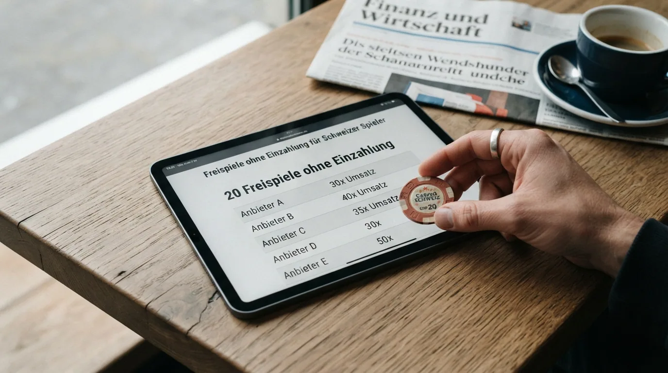 Schweizer Franken-Münzen neben einem Tablet mit geöffneter Casino-Vergleichsseite