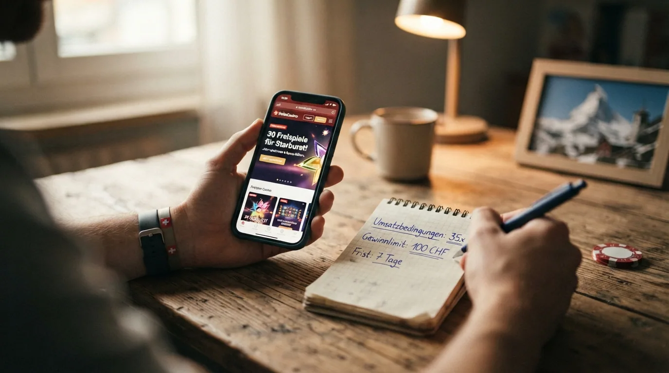 Eine Person sitzt nachdenklich vor einem Laptop, auf dem eine Casino-Startseite mit Freispiel-Werbung zu sehen ist; im Vordergrund ein Notizzettel mit den Stichworten «Umsatzbedingungen», «Gewinnlimit», «Frist»