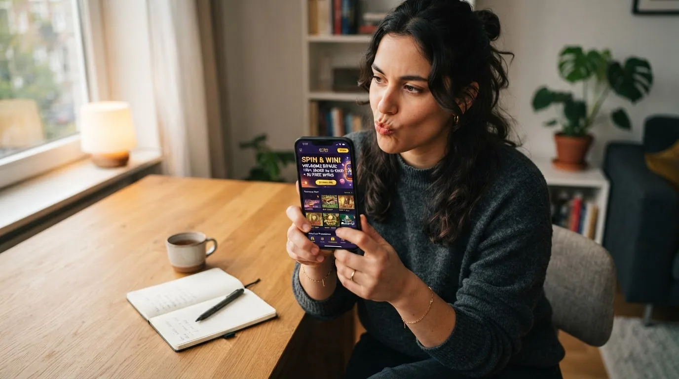 Eine Person schaut nachdenklich auf ihr Smartphone, auf dem ein Casino-Willkommensbildschirm mit Bonus-Angebot zu sehen ist
