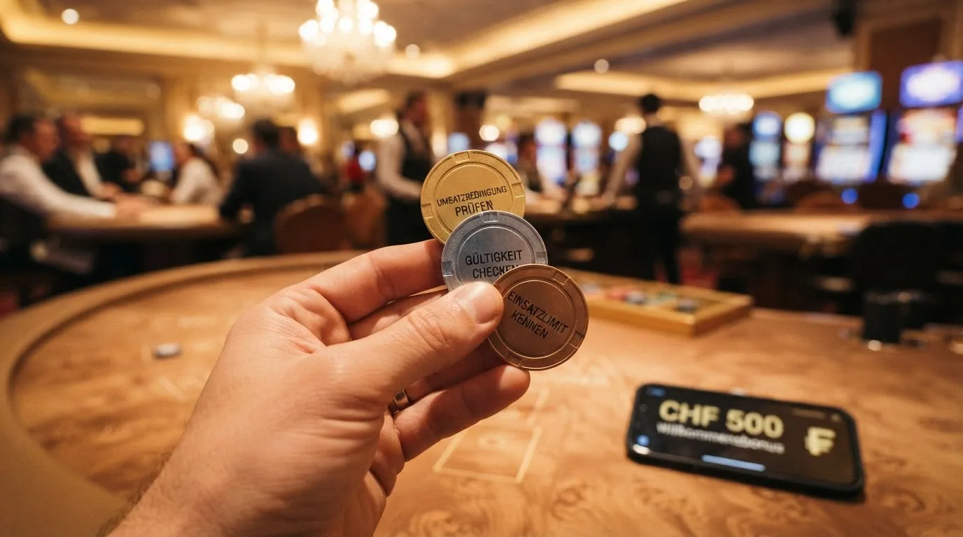 Eine Hand, die drei Spielchips mit den Aufschriften «Umsatzbedingung prüfen», «Gültigkeit checken» und «Einsatzlimit kennen» hält