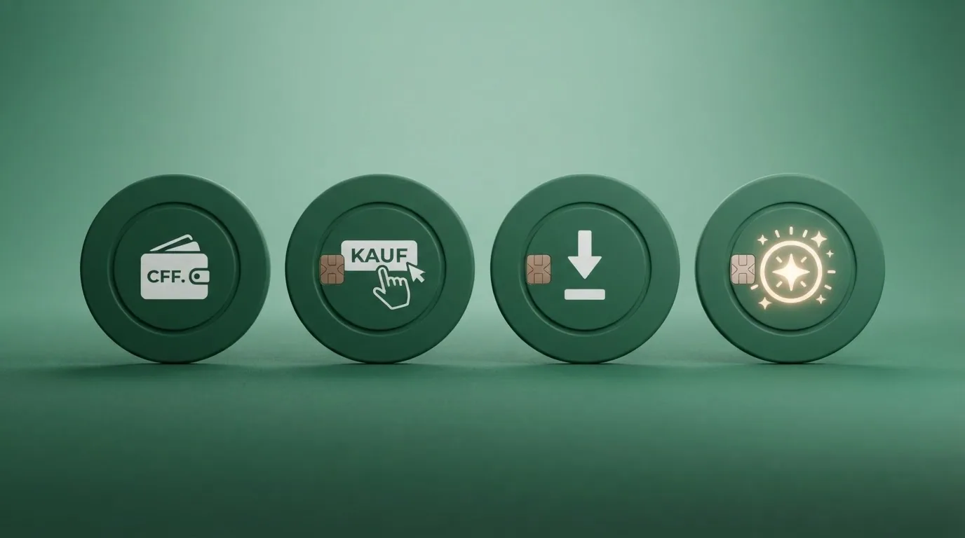 Schematische Darstellung des Bonuskauf-Ablaufs: Spielguthaben → Kauf-Button → Abbuchung → Bonusrunde in vier Schritten mit Schweizer Franken-Beträgen