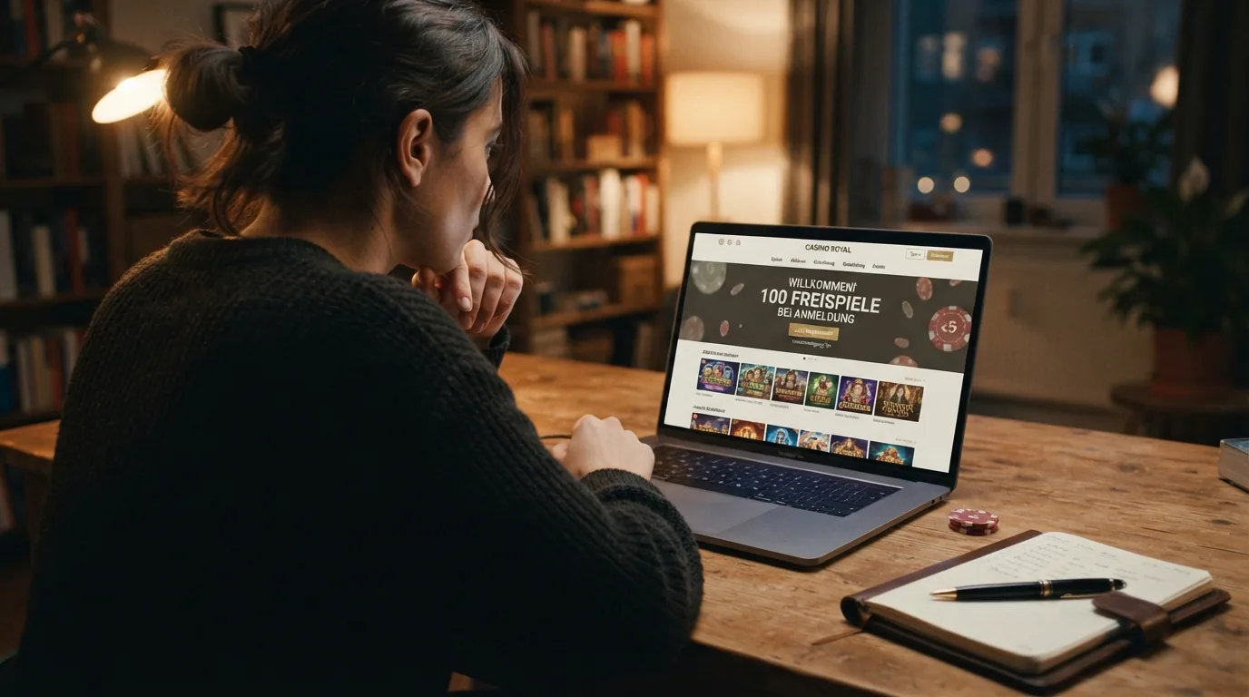 Eine Person sitzt nachdenklich vor einem Laptop, auf dem ein Casino-Vergleich mit hervorgehobenen Bonusbedingungen zu sehen ist