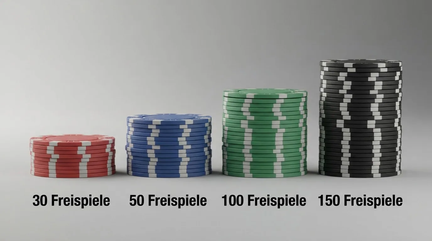 Vier Stapel Spielchips mit 30, 50, 100 und 150 Markierung, visuell gestaffelt