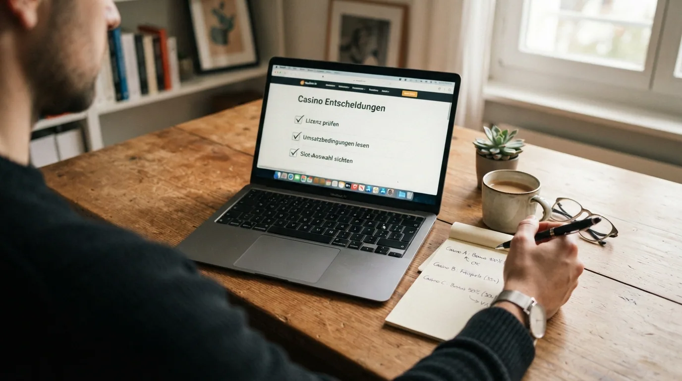Eine Person sitzt nachdenklich vor einem Laptop, auf dem Bildschirm eine Checkliste mit Häkchen bei Lizenz, Umsatzbedingungen und Slot-Auswahl